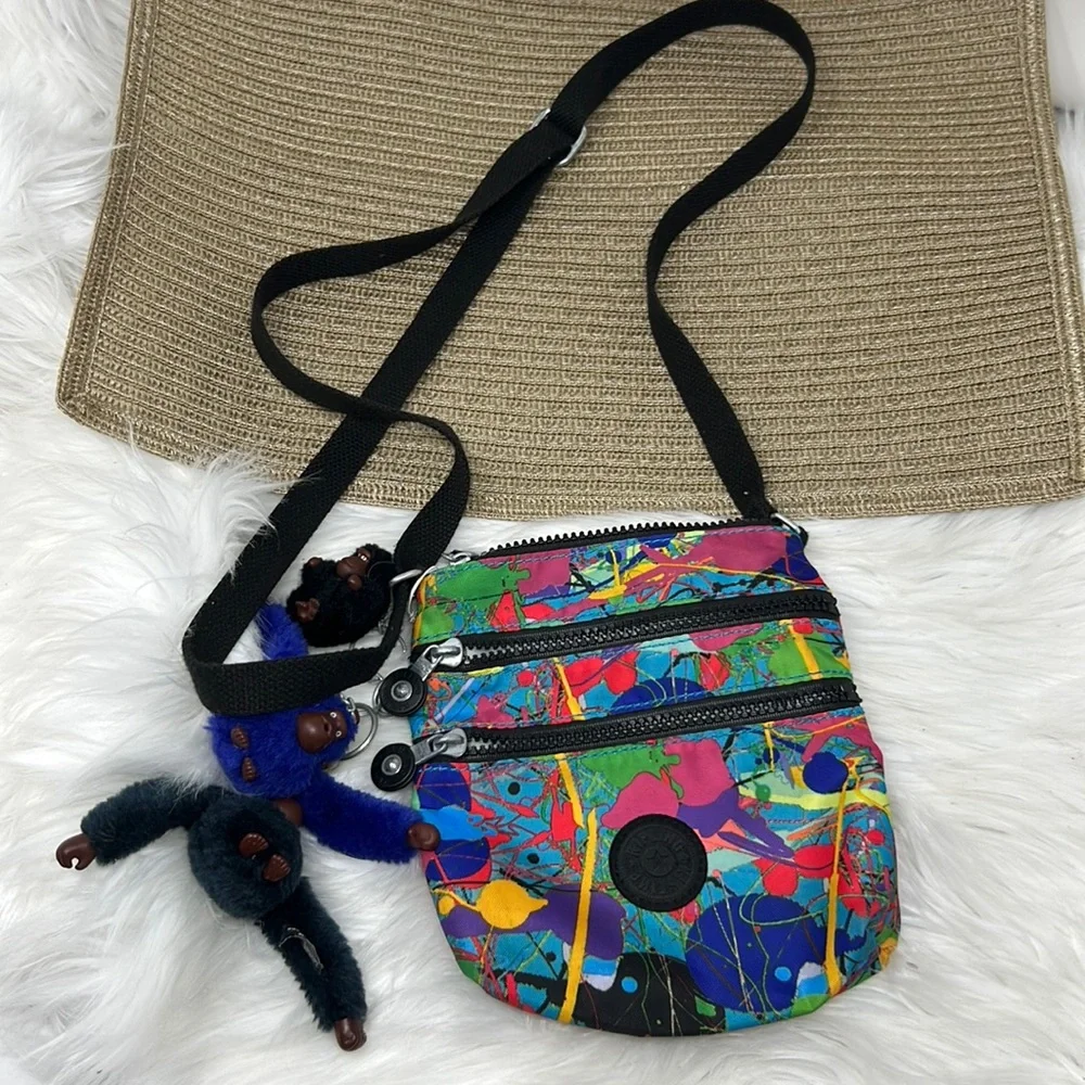 Kipling paint splash Crossbody Purse Handbags Key Chain W/Monkeys Collectible